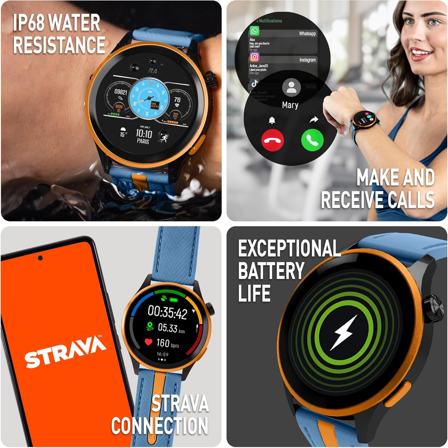Series 54 AMOLED GPS Blue and Orange Smart Calling Watch