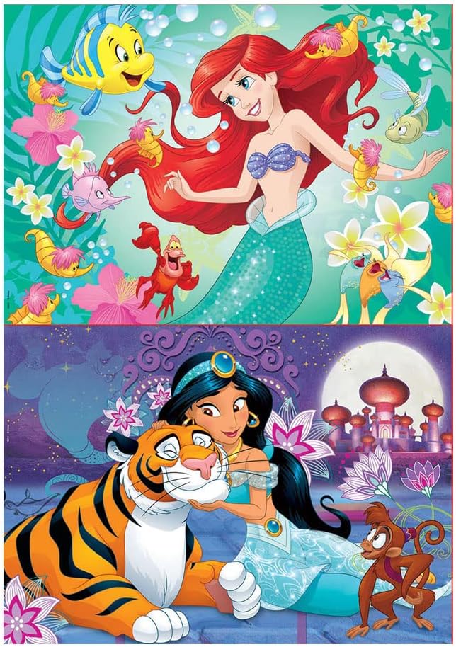 Educa - Puzzel met 48 delen voor kinderen vanaf 4 jaar, Arielle en Jasmijn, puzzel met 2 x 48 stukjes voor kinderen vanaf 4, Arielle de zeemeermin, Aladdin (18213)