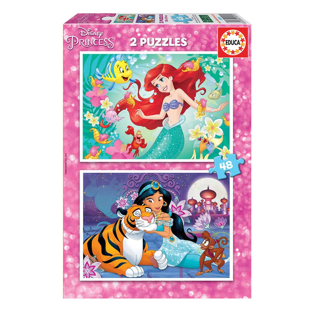 Educa - Puzzel met 48 delen voor kinderen vanaf 4 jaar, Arielle en Jasmijn, puzzel met 2 x 48 stukjes voor kinderen vanaf 4, Arielle de zeemeermin, Aladdin (18213)