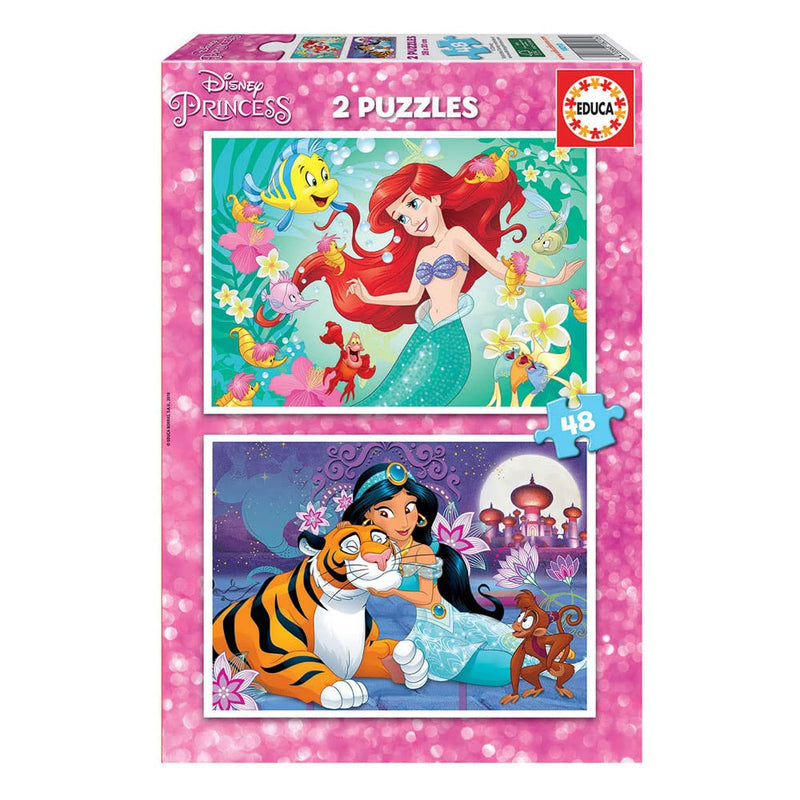 Educa - Puzzel met 48 delen voor kinderen vanaf 4 jaar, Arielle en Jasmijn, puzzel met 2 x 48 stukjes voor kinderen vanaf 4, Arielle de zeemeermin, Aladdin (18213)