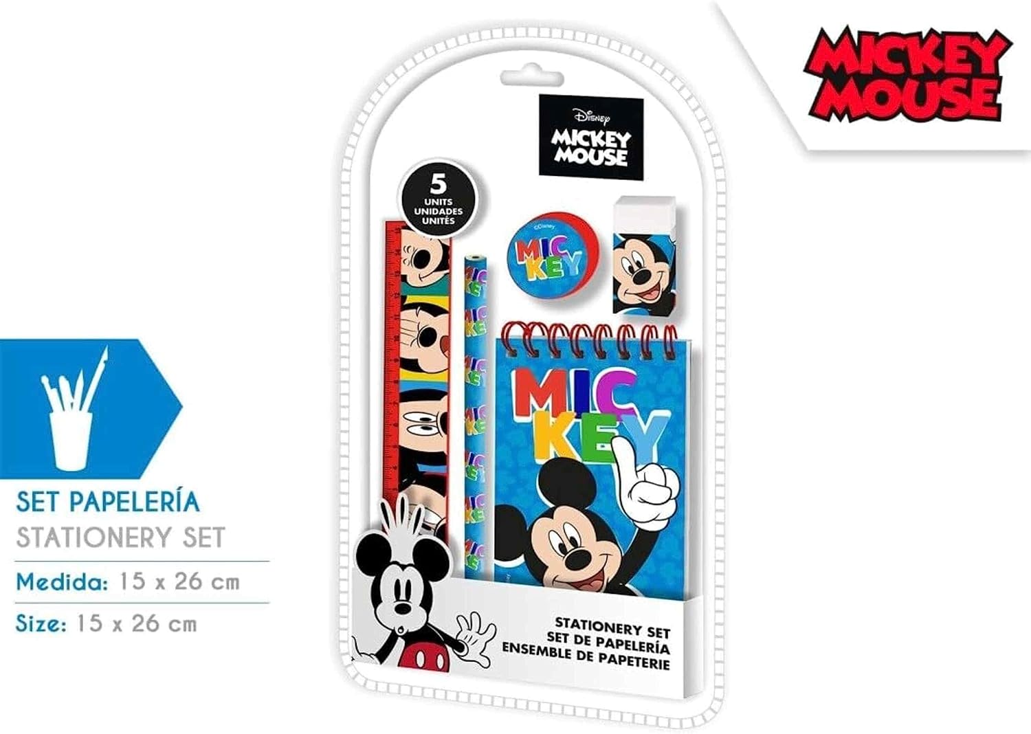 5Pcs Mickey Mouse Stationery Set for Boys| A5 Notebook, Eraser, Pencil, Ruler, Sharpener| Back to School Supplies| Gifts for Boys 3+Years