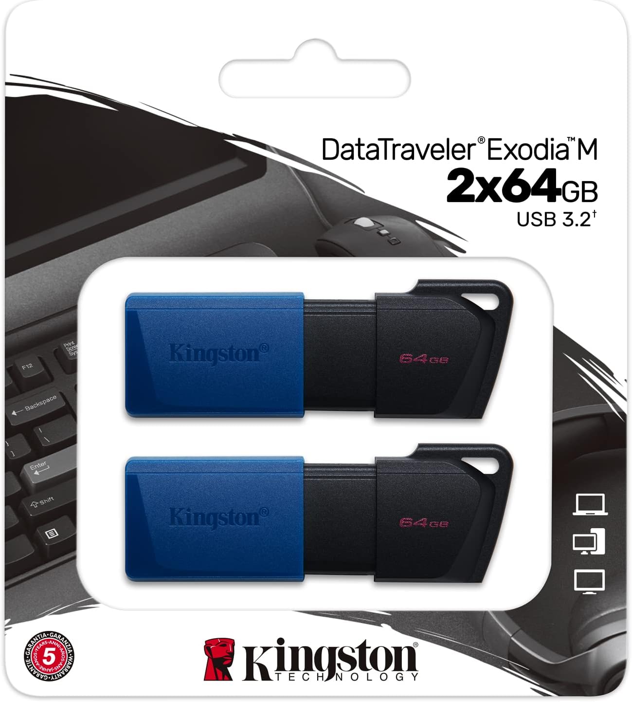 Kingston DataTraveler Exodia M 2 Pieces USB 3.2 Gen 1 DTXM/64GB-2P- with Moving Cap (Black + Blue)