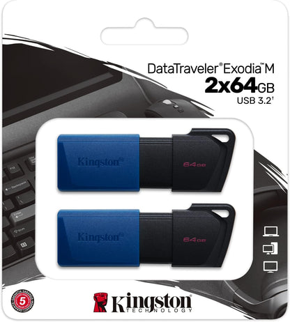 Kingston DataTraveler Exodia M 2 Pieces USB 3.2 Gen 1 DTXM/64GB-2P- with Moving Cap (Black + Blue)