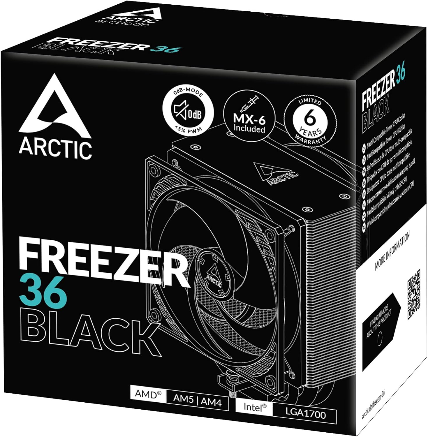 ARCTIC Freezer 36 (Black)- Single-tower CPU cooler with push-pull, two pressure-optimised 120 mm P fans, fluid dynamic bearing, 200-1800 rpm, 4 heatpipes, incl. MX-6 thermal compound