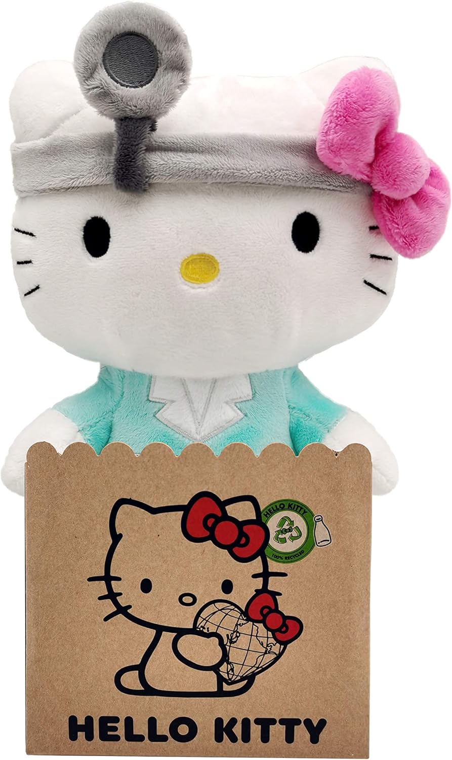 Hello Kitty Doctor Eco Plush 24 cm in Reusable Cardboard Bag - The Plush is Made from 100% Recycled PET Bottles