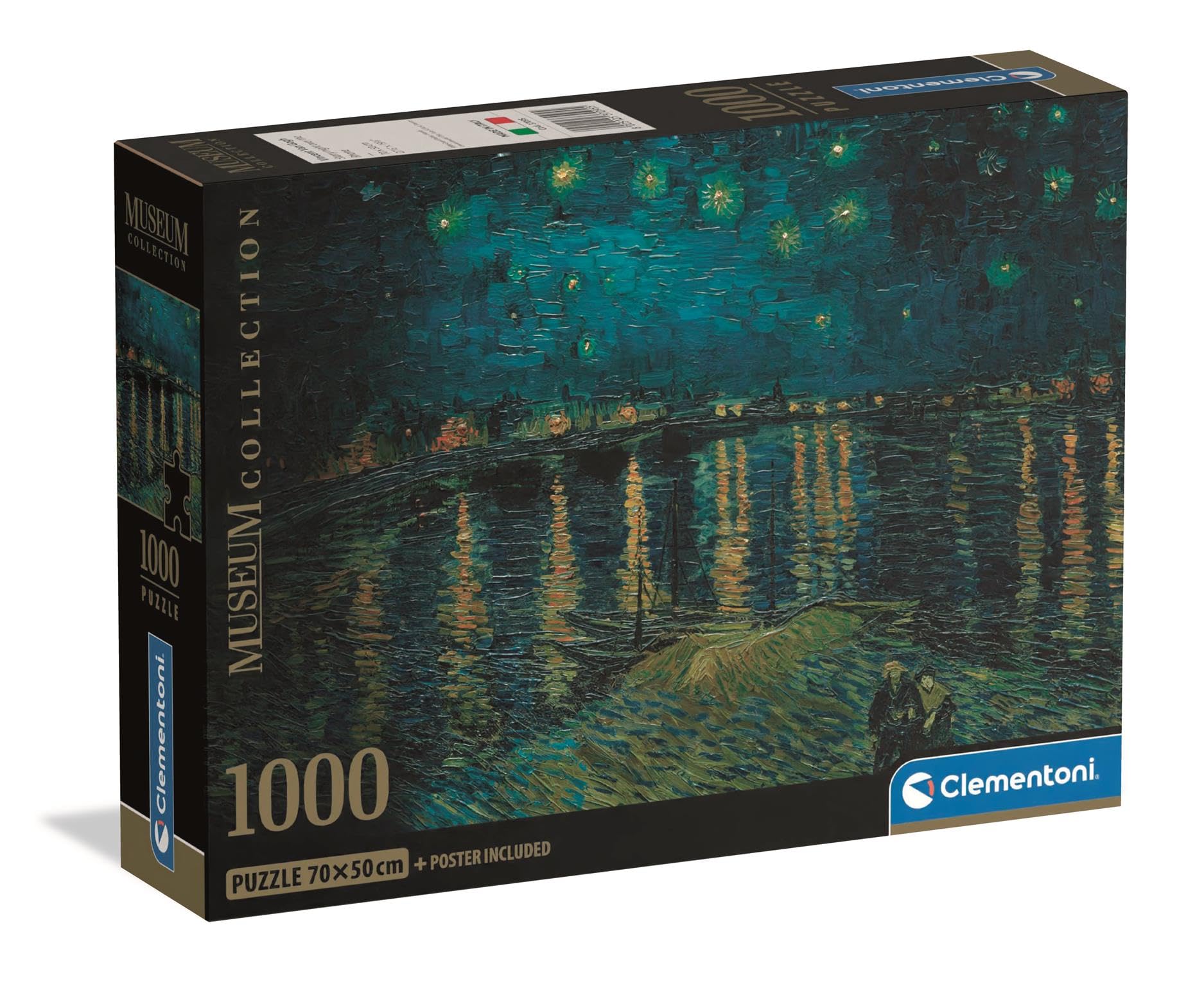 Clementoni - Van Gogh Puzzle 1000 Teile Kunst, für Erwachsene und Jungen, Museum Collection, Thema Sternennacht auf der Rhône, mit Poster, Kompaktbox, Geschenkidee Made in Italy, 70 x 50 cm, 37095