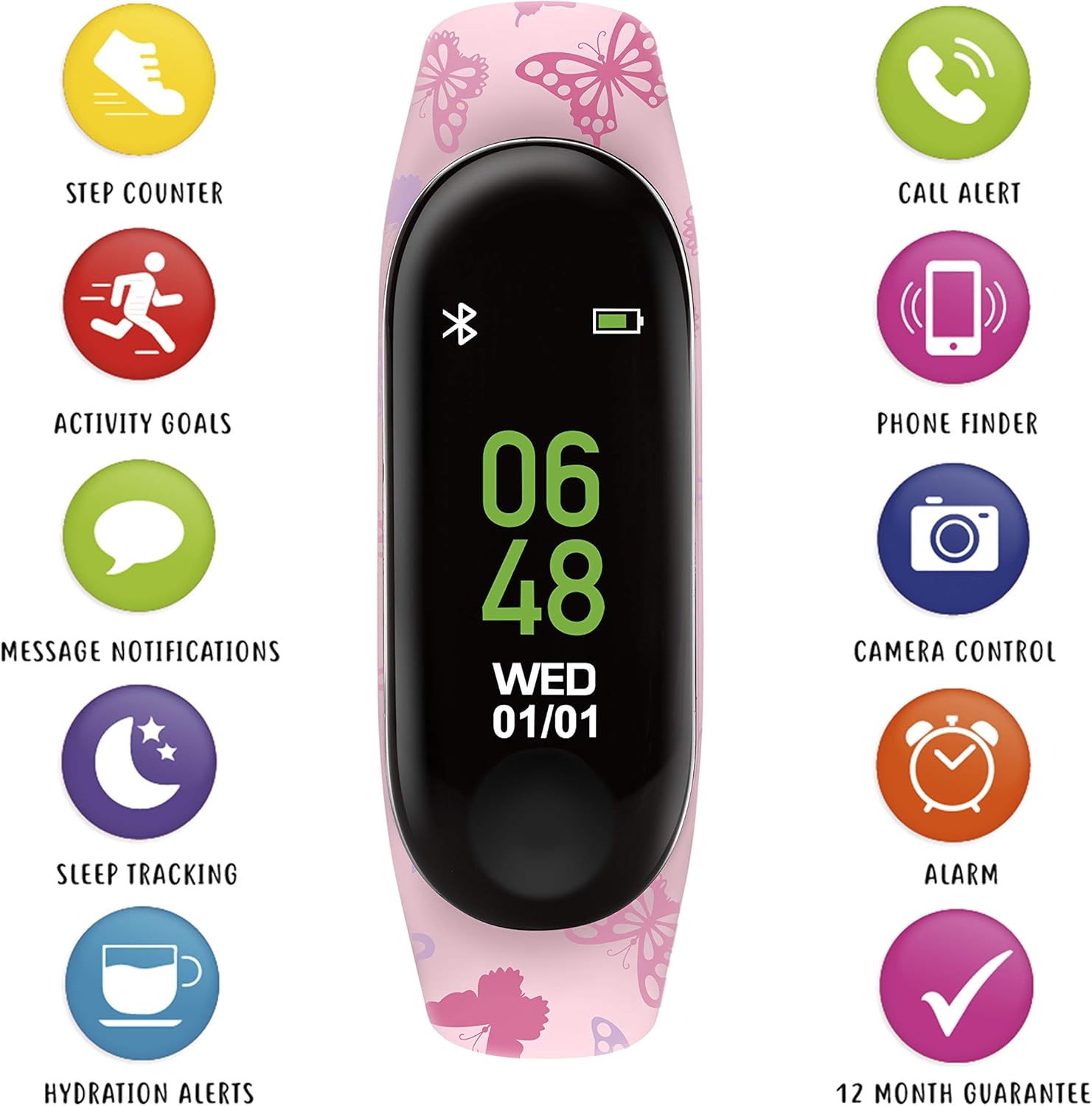 Tikkers Series 1 Printed Pink Butterfly Silicone Strap Activity tracker with colour touch screen and up to 7 day battery life TKS01-0005