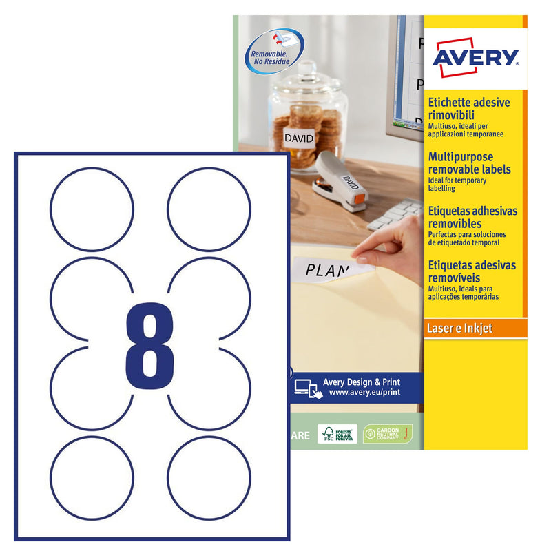 Avery Removable, Round, Circular Labels - Printable & Customizable, 8 per A4 Sheet, 25 Sheets per Pack 200 White Blank Labels, Compatible with All Printers (L4852REV-25