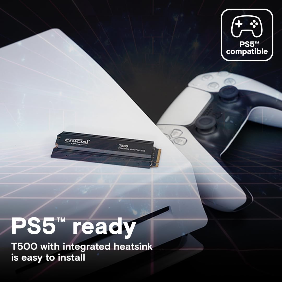 Crucial T500 4TB SSD PCIe Gen4 NVMe M.2 Internal Gaming PS5 SSD with Heatsink, Up to 7000MB/s, Compatible with PlayStation 5, TLC NAND, Laptop & Desktop, Solid State Drive - CT4000T500SSD5