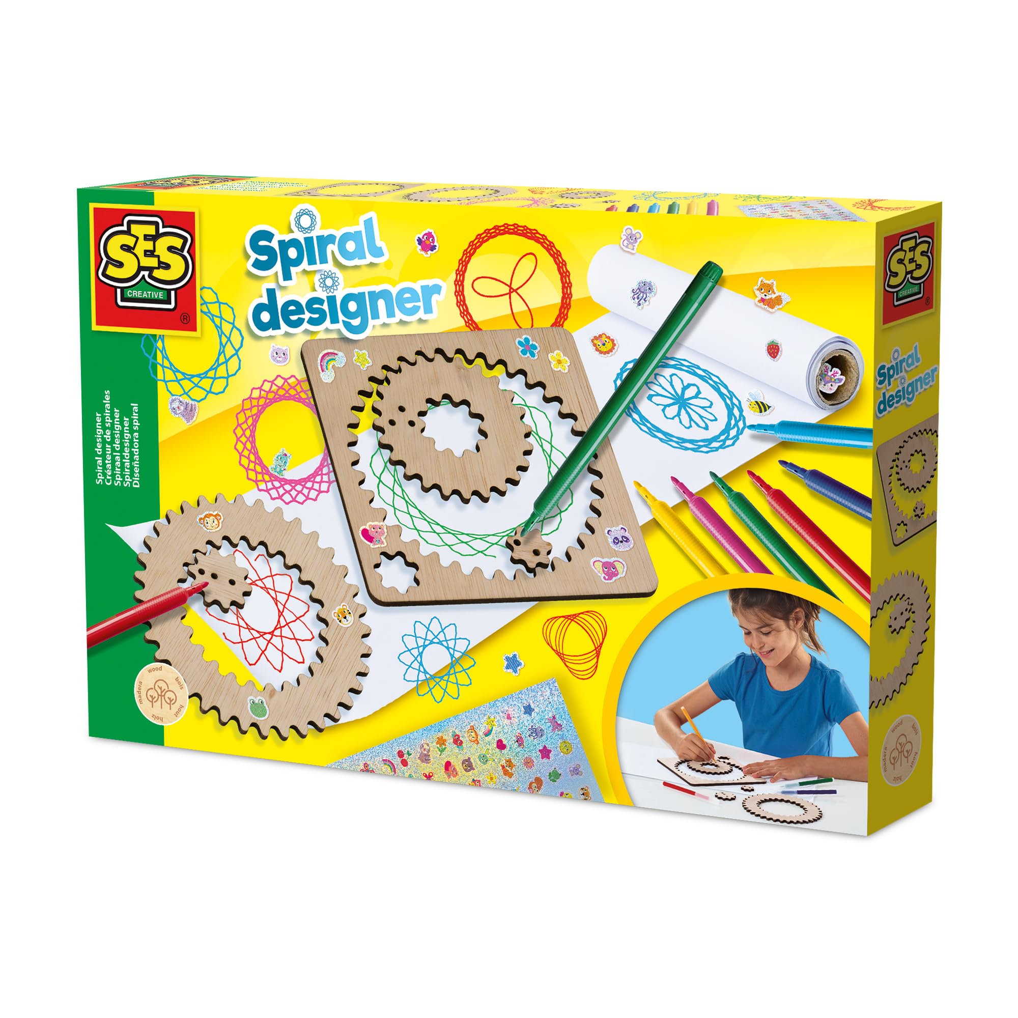 SES Creative 14788 Houten spiraalontwerper - Creatieve tekenset voor kinderen vanaf 5 jaar - Maak meer dan 40 unieke spiraalontwerpen met 5 houten wielen