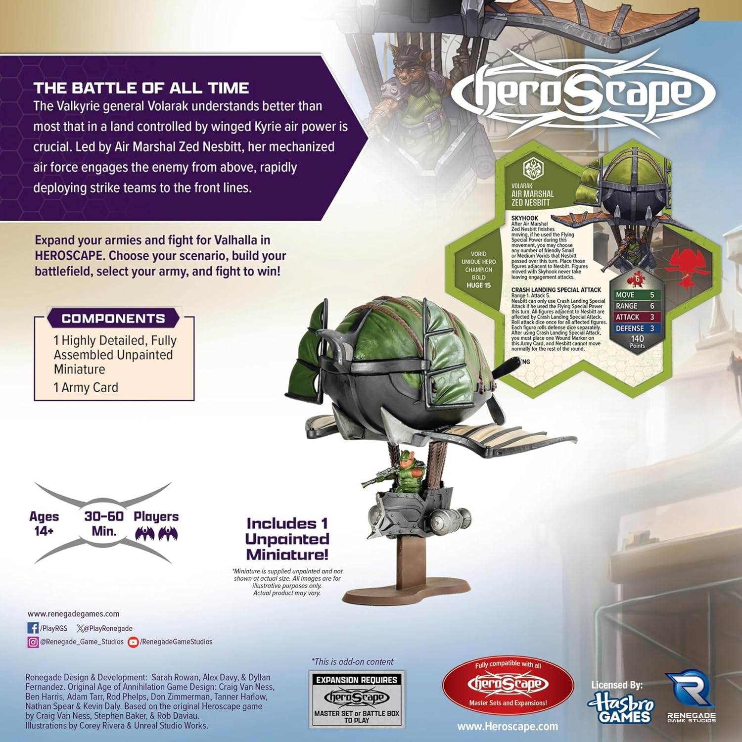 Renegade Games: Heroscape: Air Marshal Zed Nesbitt - Army Expansion, 1 Assembled Unpainted Figure & 1 Army Card, Miniatures Game Accessory, Add-On