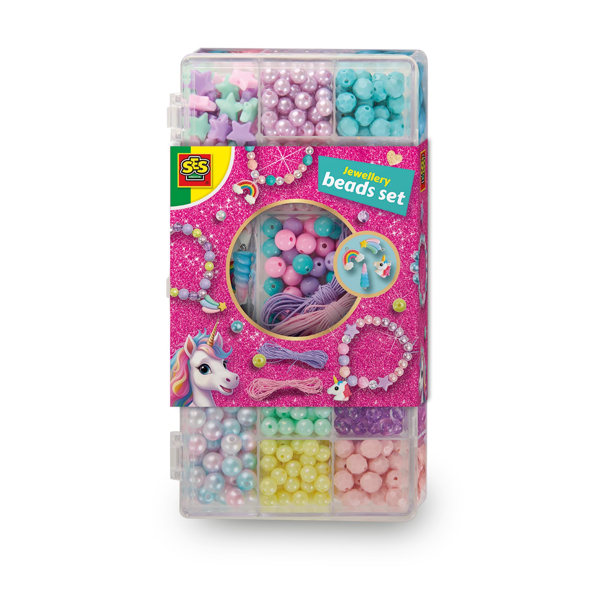SES Creative 14749 Eenhoorn sieraden kralenset - Maak unieke eenhoorn-thema-armbanden en kettingen voor kinderen vanaf 3 jaar met 12-vaks opbergdoos