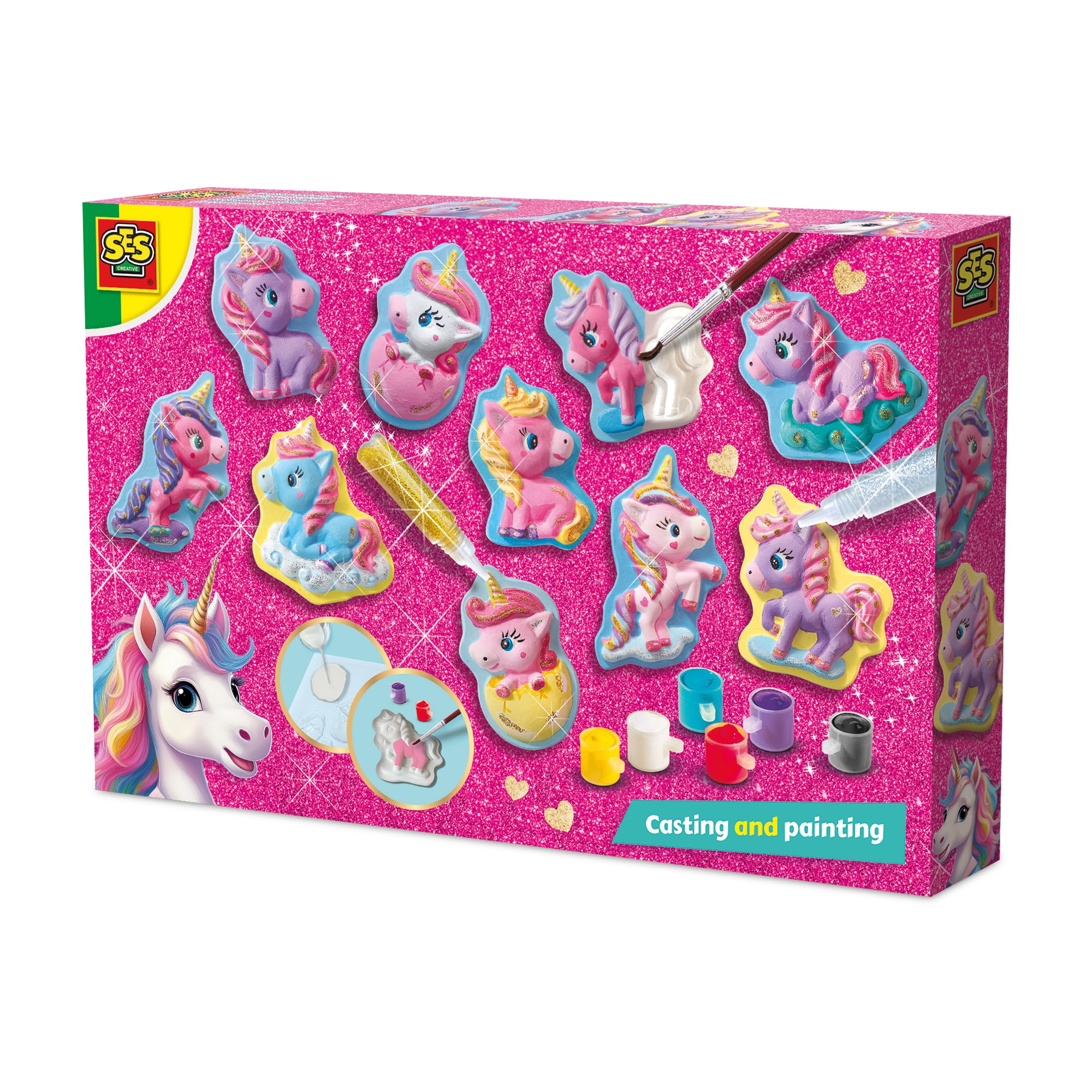 SES Creative 14723 Eenhoorn - gieten en schilderen - baby eenhoorns - creatieve knutselset voor kinderen vanaf 5 jaar - maak 10 schattige baby eenhoornfiguren met gips en mal