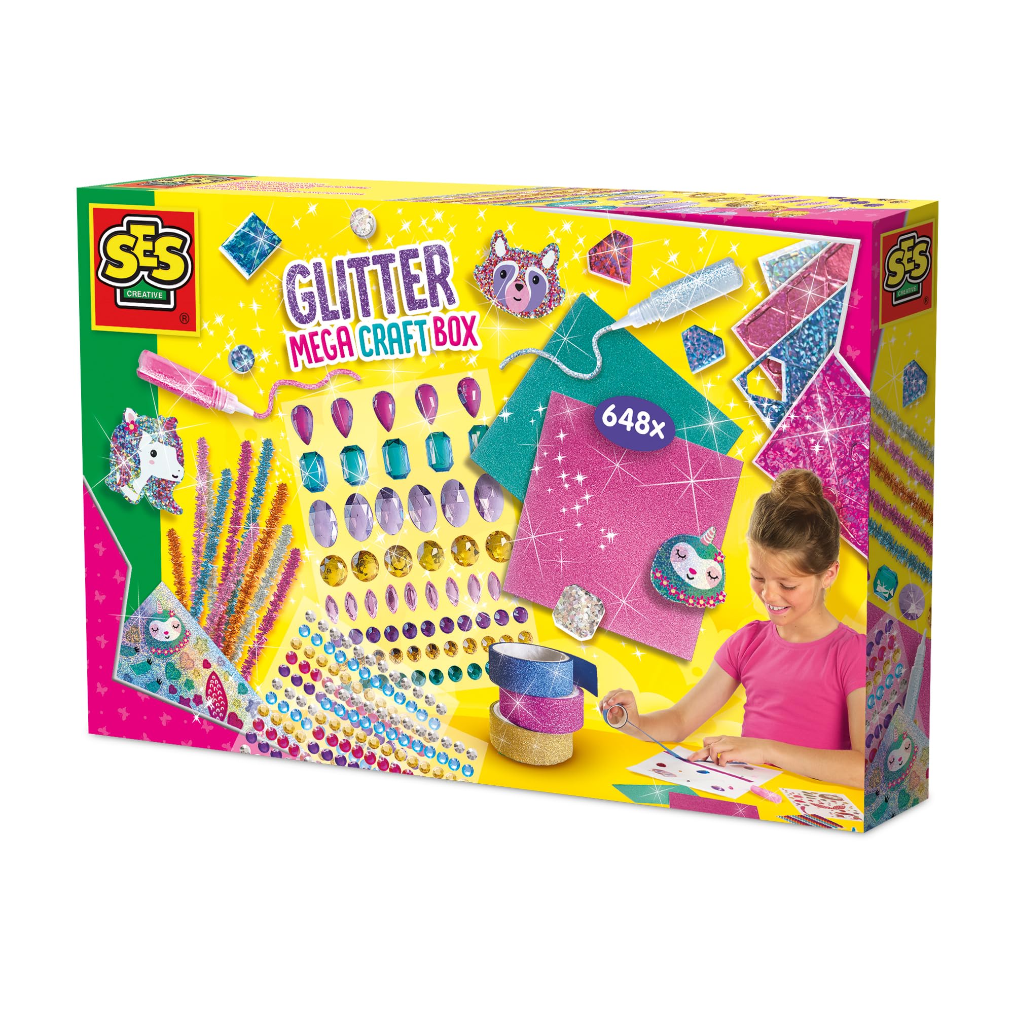 SES Creative 14139 Glitter Mega Craft Box - Creatieve knutselset voor kinderen vanaf 5 jaar, inclusief 65 XL diamantstickers, 360 ronde diamantstickers