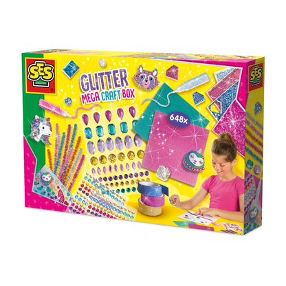 SES Creative 14139 Glitter Mega Craft Box - Creatieve knutselset voor kinderen vanaf 5 jaar, inclusief 65 XL diamantstickers, 360 ronde diamantstickers