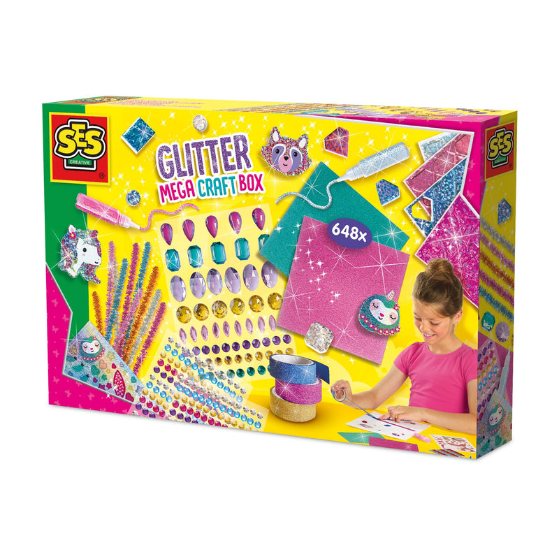 SES Creative 14139 Glitter Mega Craft Box - Creatieve knutselset voor kinderen vanaf 5 jaar, inclusief 65 XL diamantstickers, 360 ronde diamantstickers