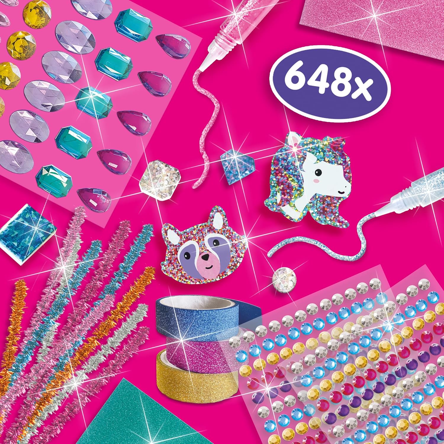 SES Creative 14139 Glitter Mega Craft Box - Creatieve knutselset voor kinderen vanaf 5 jaar, inclusief 65 XL diamantstickers, 360 ronde diamantstickers