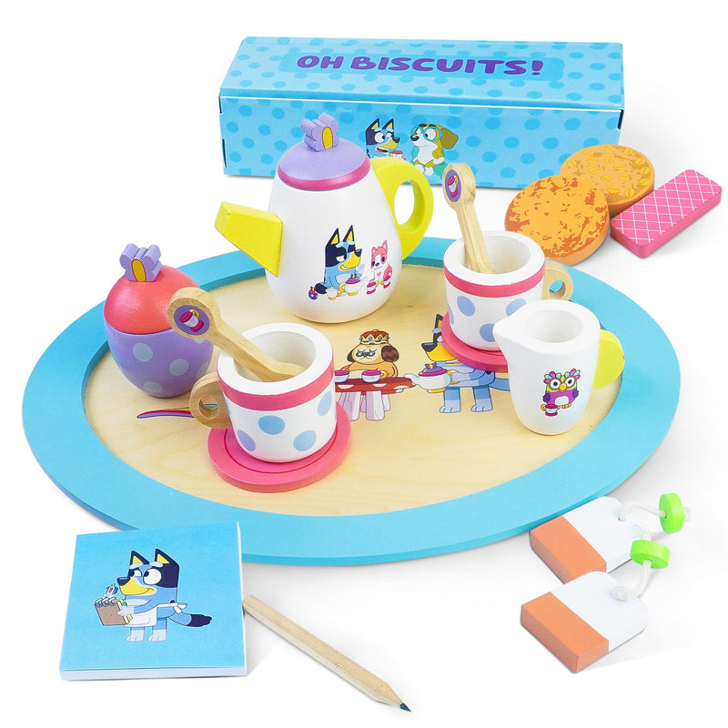 Bluey Houten theefeestje, 18-delige speelset met theepot, theekopjes, koekjes, dienblad en notitieblok, FSC-gecertificeerd milieuvriendelijk speelgoed voor kinderen vanaf 3 jaar - creatief