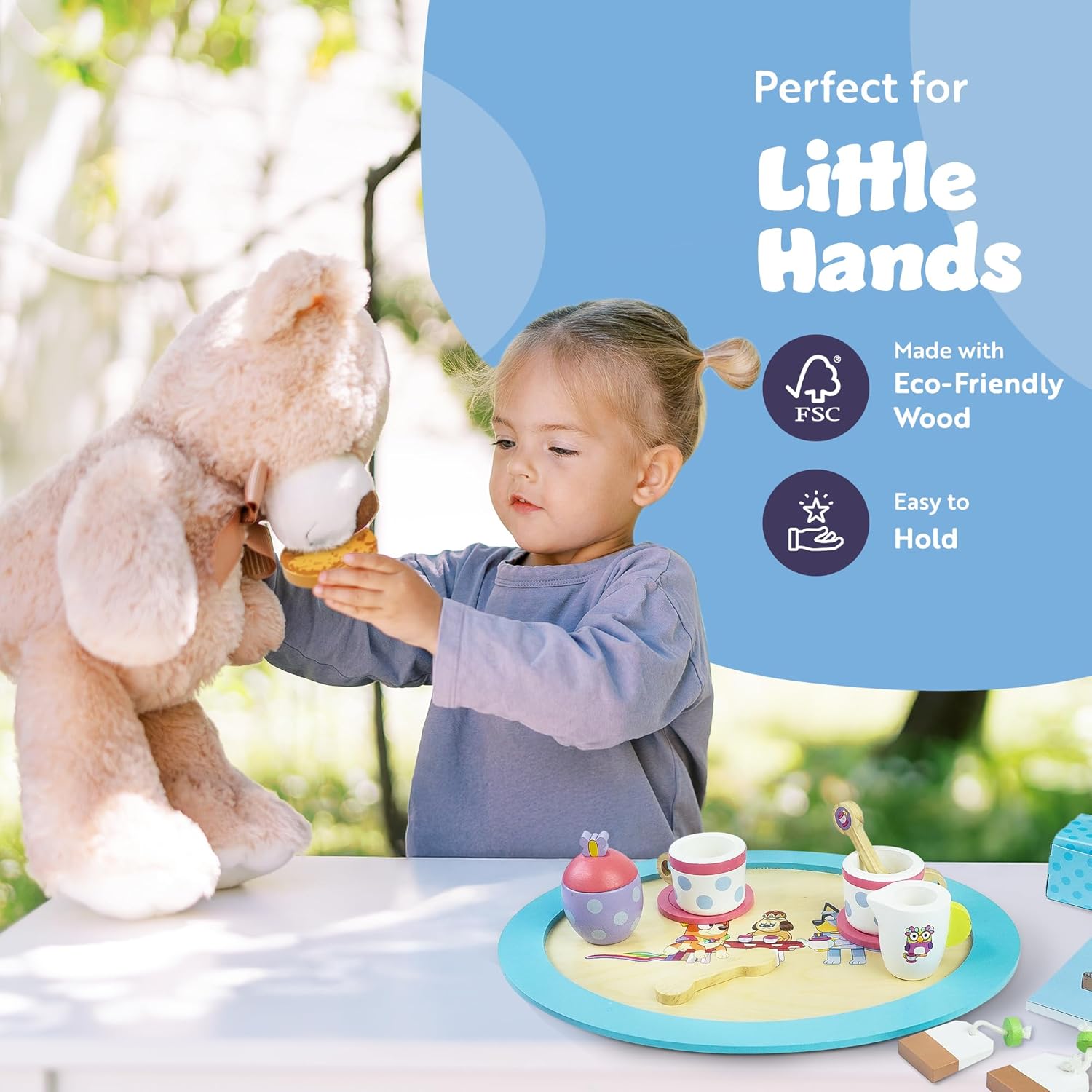 Bluey Houten theefeestje, 18-delige speelset met theepot, theekopjes, koekjes, dienblad en notitieblok, FSC-gecertificeerd milieuvriendelijk speelgoed voor kinderen vanaf 3 jaar - creatief