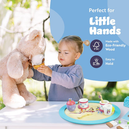 Bluey Houten theefeestje, 18-delige speelset met theepot, theekopjes, koekjes, dienblad en notitieblok, FSC-gecertificeerd milieuvriendelijk speelgoed voor kinderen vanaf 3 jaar - creatief