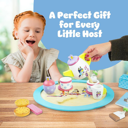 Bluey Houten theefeestje, 18-delige speelset met theepot, theekopjes, koekjes, dienblad en notitieblok, FSC-gecertificeerd milieuvriendelijk speelgoed voor kinderen vanaf 3 jaar - creatief