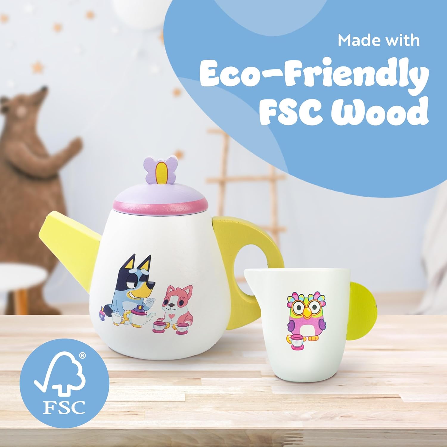 Bluey Houten theefeestje, 18-delige speelset met theepot, theekopjes, koekjes, dienblad en notitieblok, FSC-gecertificeerd milieuvriendelijk speelgoed voor kinderen vanaf 3 jaar - creatief