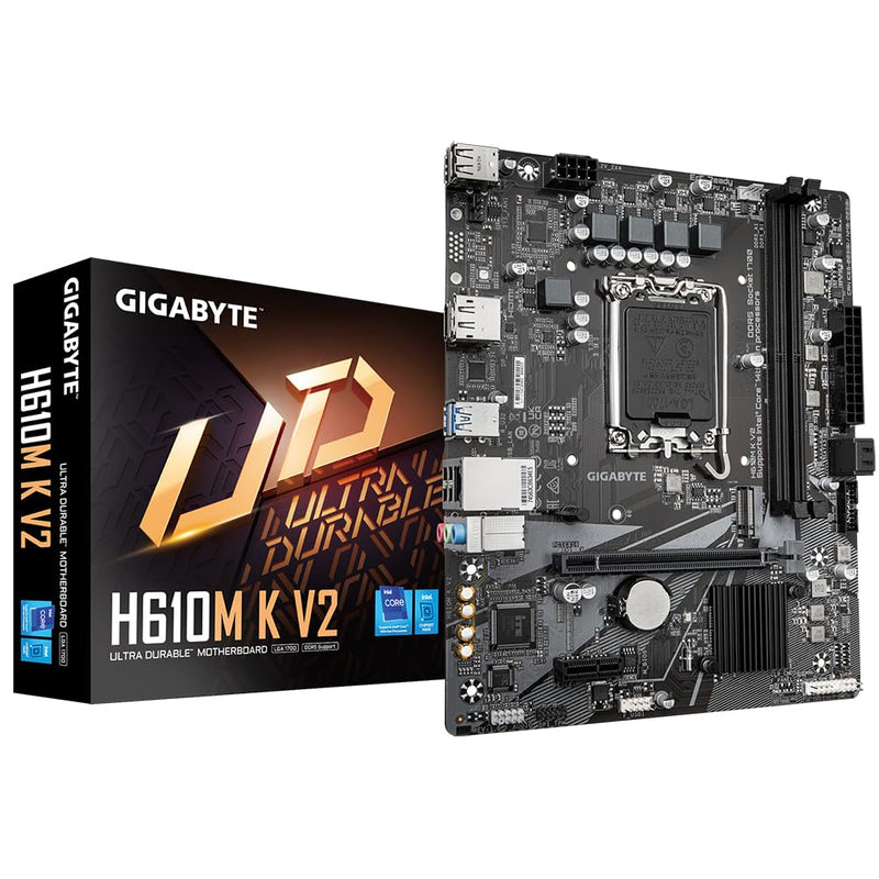 GIGABYTE H610M K V2 Motherboard - Intel Core 14th CPUs, up to 5600MHz DDR5, 1xPCIe 3.0 M.2, 1GbE LAN, USB 3.2 Gen 1