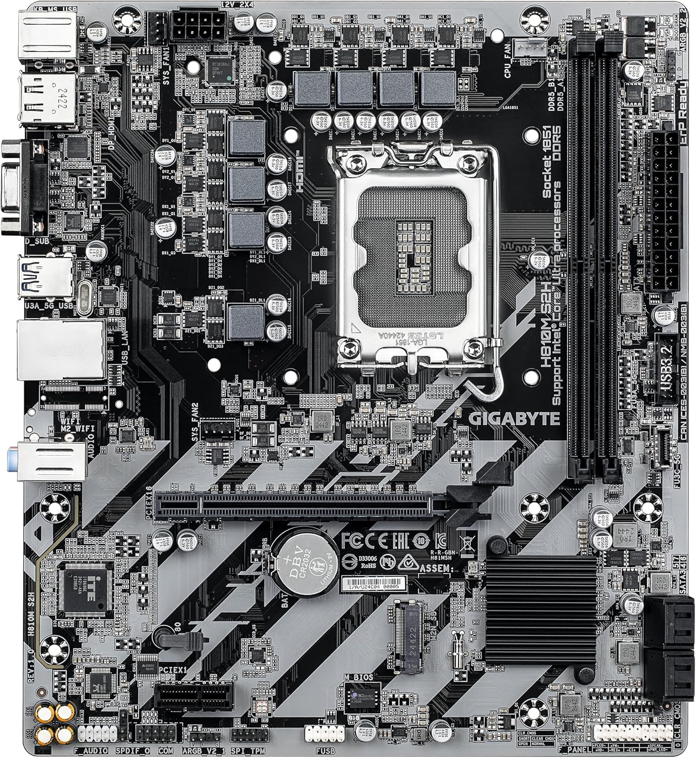 GIGABYTE H810M S2H Motherboard - Intel Core Ultra (Series 2) CPUs, 4+1+2 Phases VRM, up to 6400MHz DDR5, 1xPCIe 4.0 M.2, 1GbE LAN, USB 3.2 Gen 1