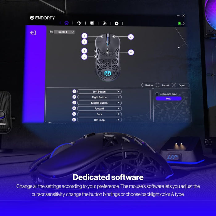 Endorfy LIV Plus Wireless Gaming Mouse, Wireless Mouse, Charging Station Included, Ultralight Construction (69g), Up to 26,000 DPI, PixArt PAW3395, 2.4GHz, BT, USB-A, EY6A016