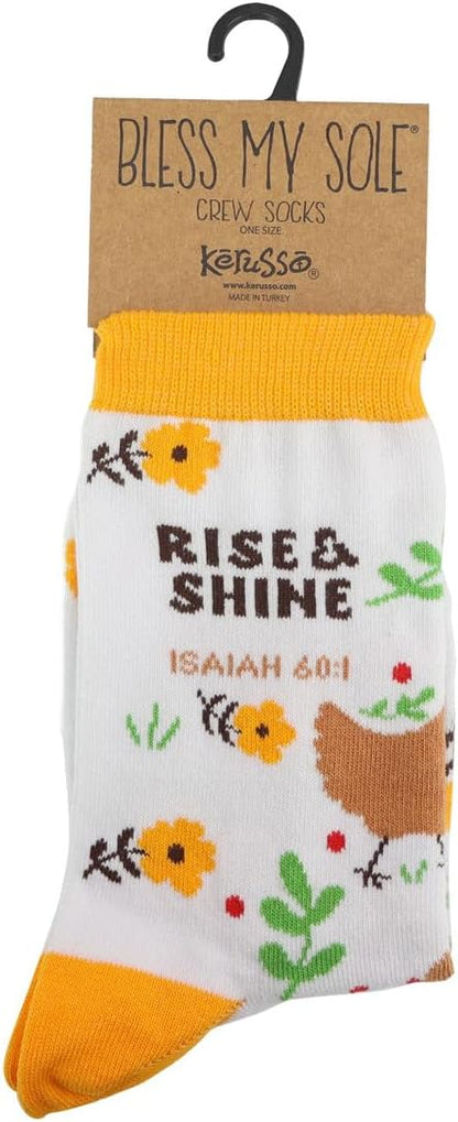Kerusso - Rise And Shine Chickens - Isaiah 60:1 - Cotton Blend Women's Crew Socks, One Size Fits Most, Multicolor, One Size