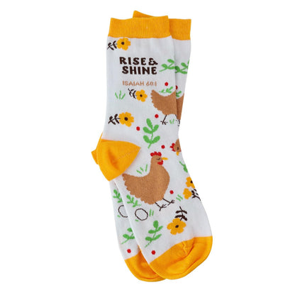 Kerusso - Rise And Shine Chickens - Isaiah 60:1 - Cotton Blend Women's Crew Socks, One Size Fits Most, Multicolor, One Size