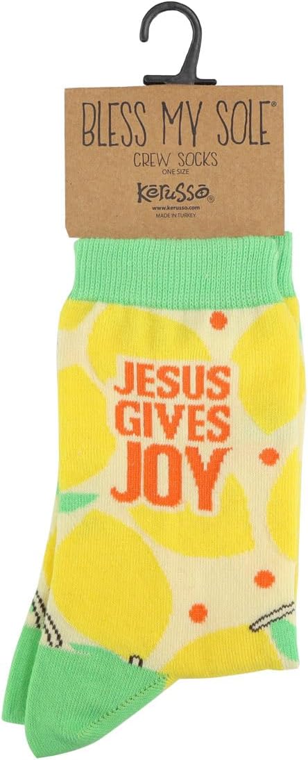 Kerusso - Jesus Gives Joy - Lemon Yellow Cotton Blend Women's Crew Socks, One Size Fits Most, Lemon Yellow, One Size