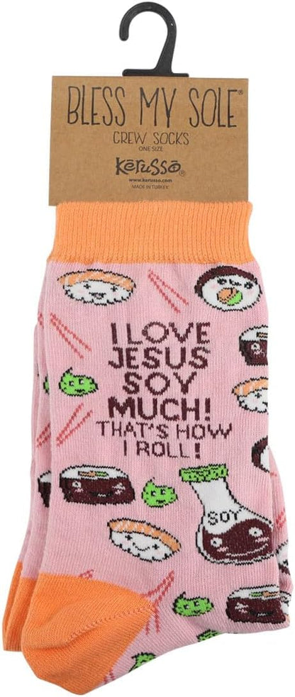 Kerusso - I Love Jesus That's How I Roll - Pink/Orange Cotton Blend Women's Crew Socks, One Size Fits Most, Pink/Orange, One Size