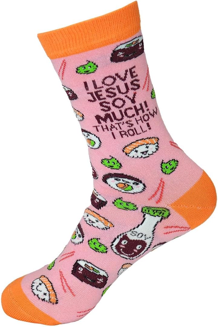 Kerusso - I Love Jesus That's How I Roll - Pink/Orange Cotton Blend Women's Crew Socks, One Size Fits Most, Pink/Orange, One Size