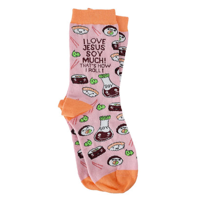 Kerusso - I Love Jesus That's How I Roll - Pink/Orange Cotton Blend Women's Crew Socks, One Size Fits Most, Pink/Orange, One Size