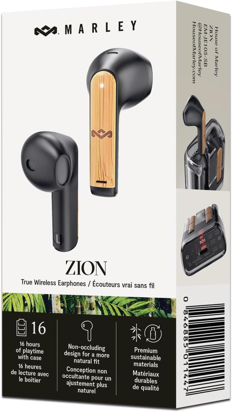 Marley House of Zion True Wireless Bluetooth Earbuds - Auricolari con Microfono Integrato, 16 Ore di Autonomia, Cuffie In-Ear, Custodia per Auricolari USB-C, Materiali Sostenibili