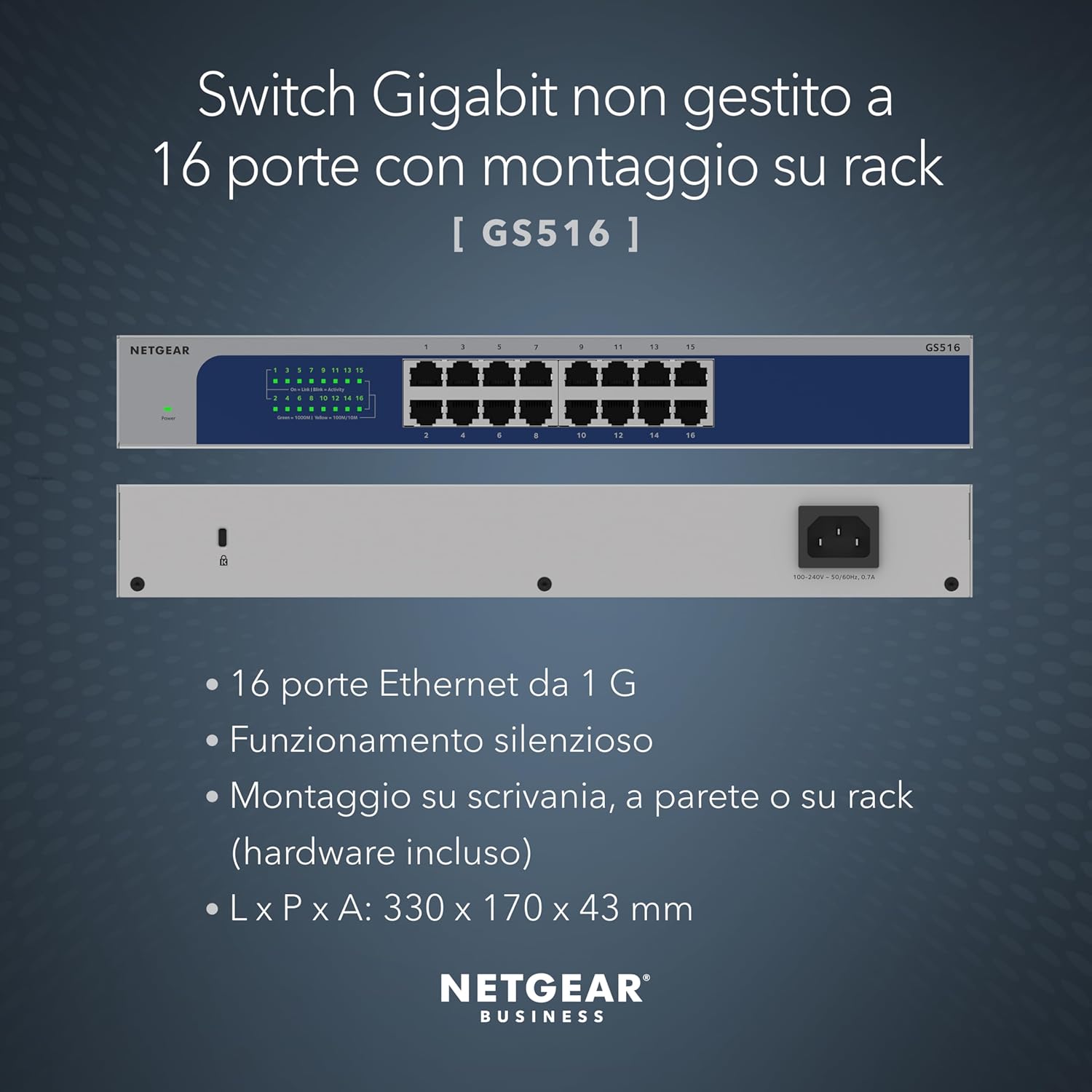 Netgear 16-Port Gigabit Ethernet Unmanaged Switch GS516, Desktop, Wall or Rackmount