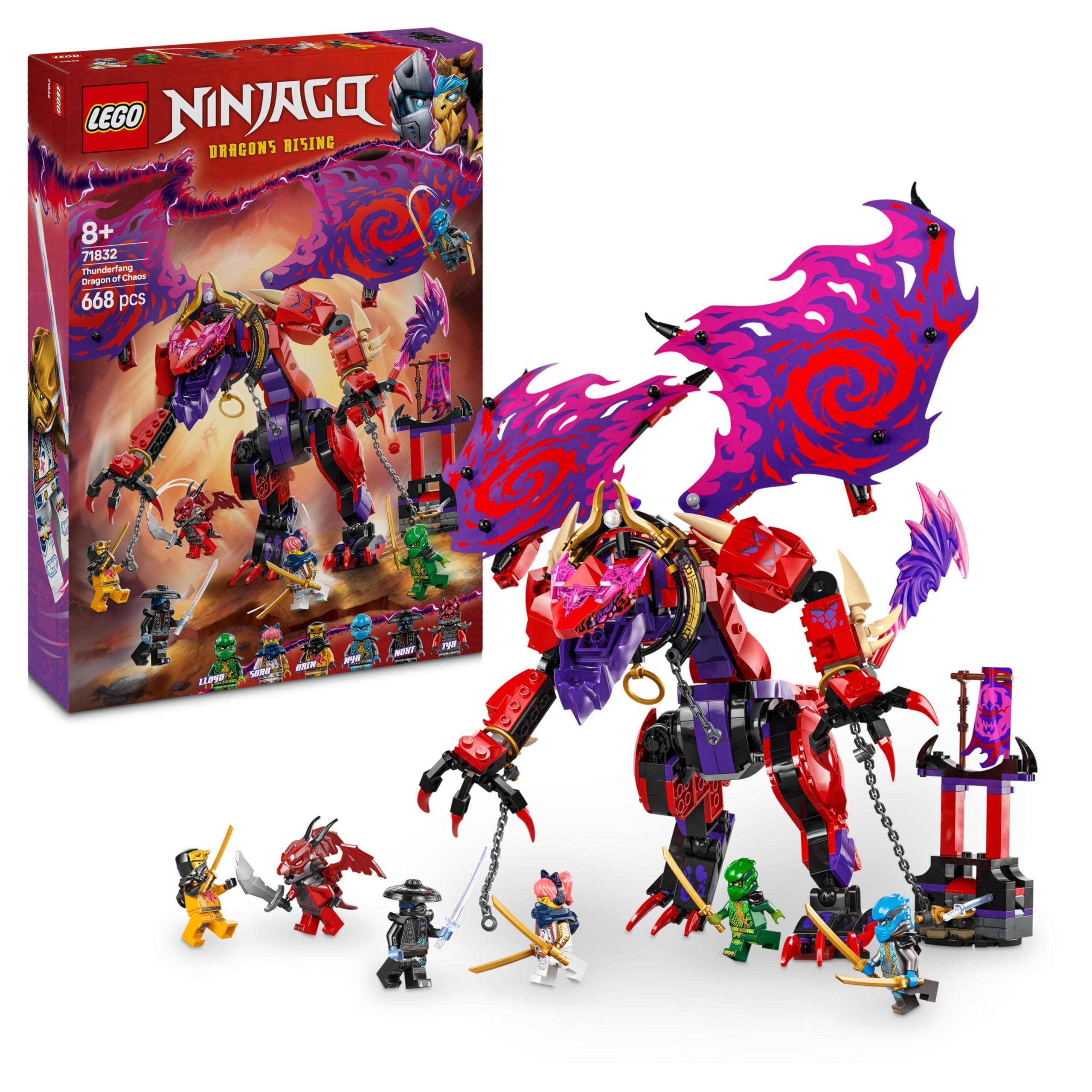 LEGO NINJAGO Thunderfang Dragon of Chaos Toy with 6 Ninja Warriors Minifigures - Good vs Evil Role Play Building Set for 8+ Year Old Boys & Girls - Gifts for Dragons Rising Show Fans - 71832