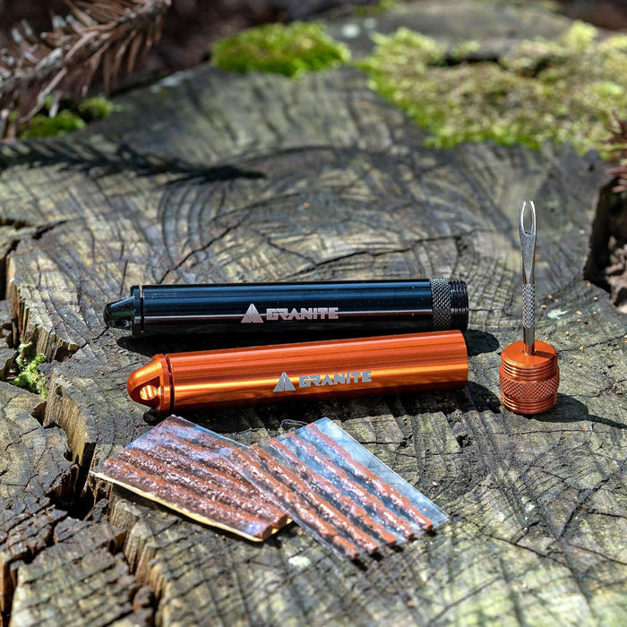 Granite Suture Reifenreparaturset, Kompaktes Tubeless-Pannenset mit 2 Größen Reifenplugs, Repariert MTB- und Rennradreifen (Schwarz