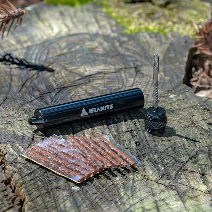 Granite Suture Reifenreparaturset, Kompaktes Tubeless-Pannenset mit 2 Größen Reifenplugs, Repariert MTB- und Rennradreifen (Schwarz