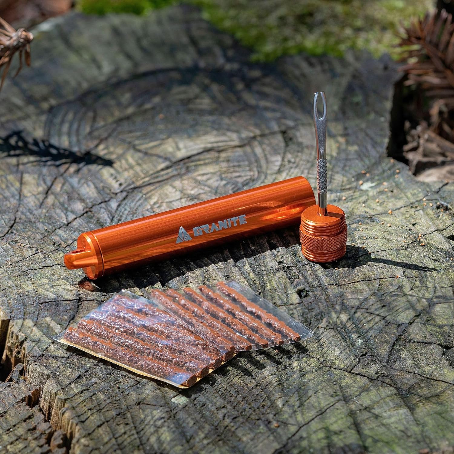 Granite Suture Reifenreparaturset, Kompaktes Tubeless-Pannenset mit 2 Größen Reifenplugs, Repariert MTB- und Rennradreifen (Orange
