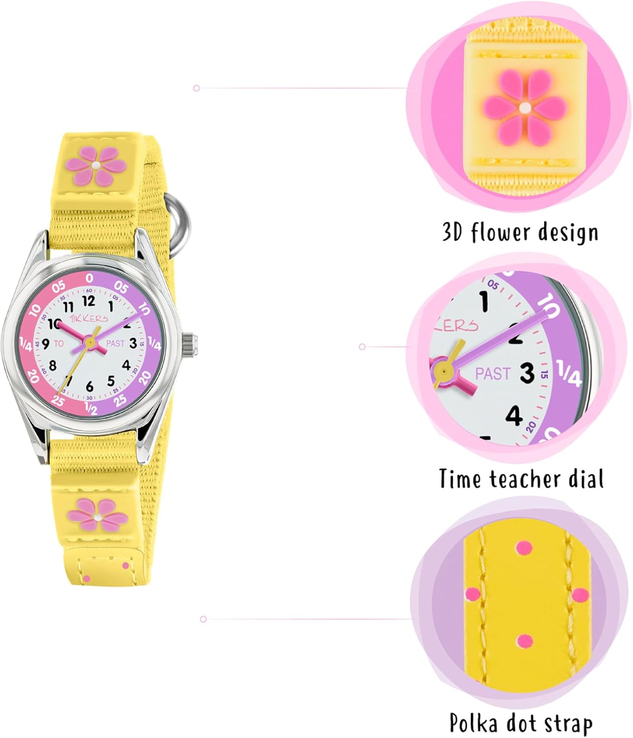 Tikkers Girls Yellow Fabric Strap Flower Time Teacher Watch TK0155