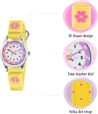 Tikkers Girls Yellow Fabric Strap Flower Time Teacher Watch TK0155