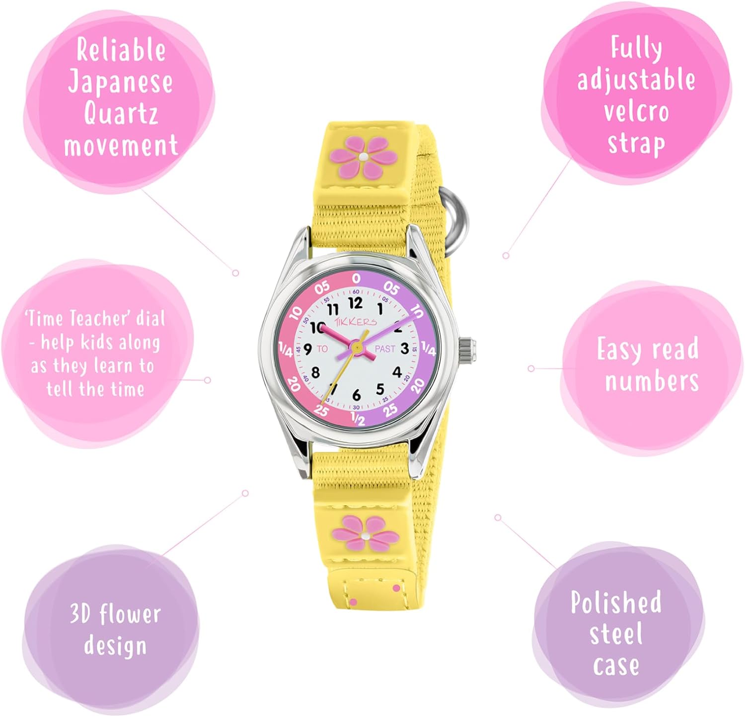 Tikkers Girls Yellow Fabric Strap Flower Time Teacher Watch TK0155