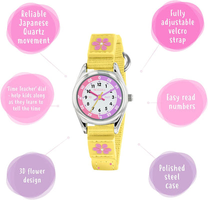 Tikkers Girls Yellow Fabric Strap Flower Time Teacher Watch TK0155