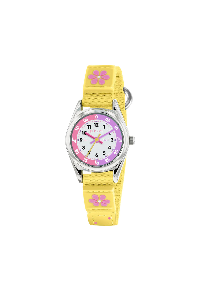 Tikkers Girls Yellow Fabric Strap Flower Time Teacher Watch TK0155