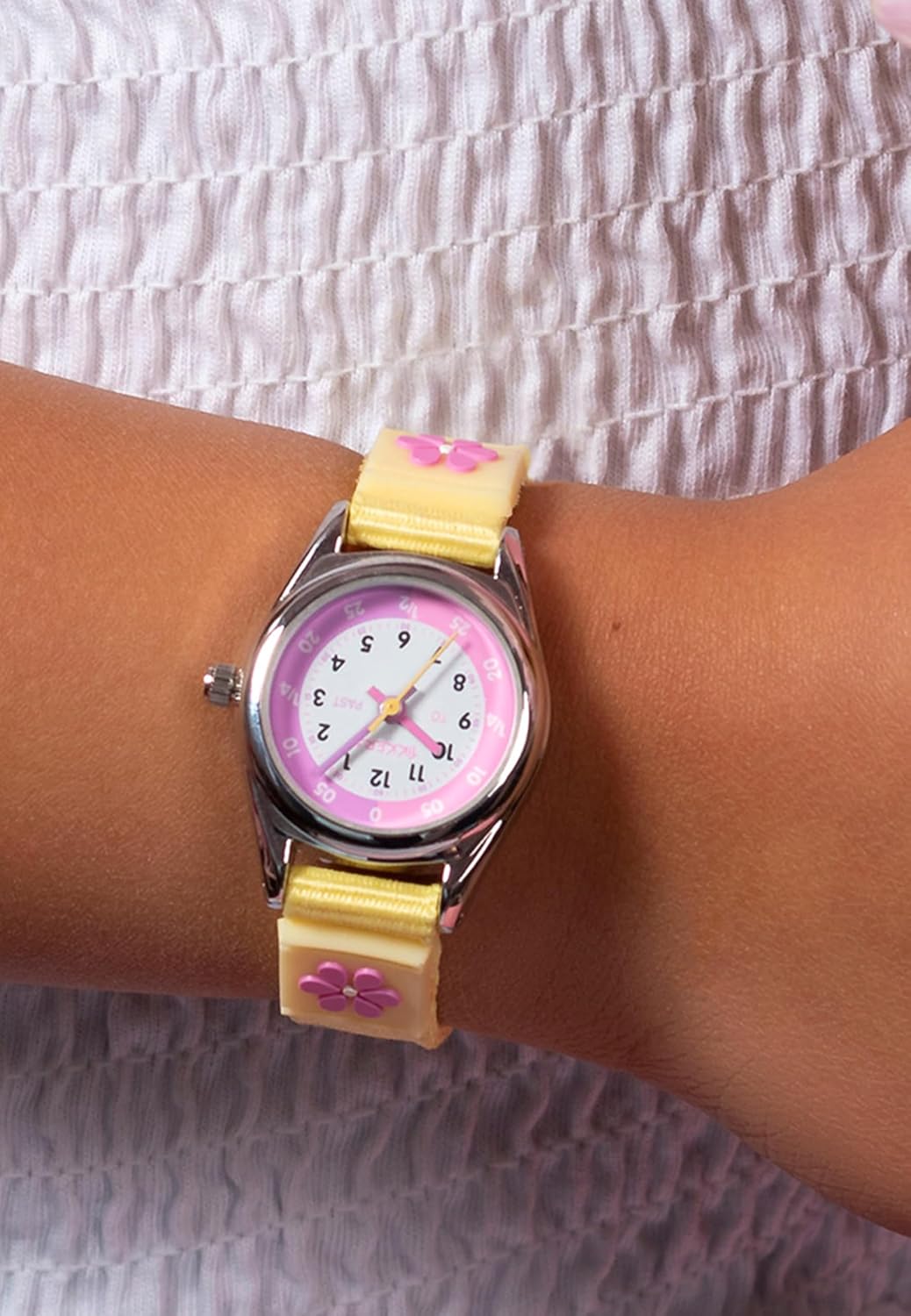 Tikkers Girls Yellow Fabric Strap Flower Time Teacher Watch TK0155