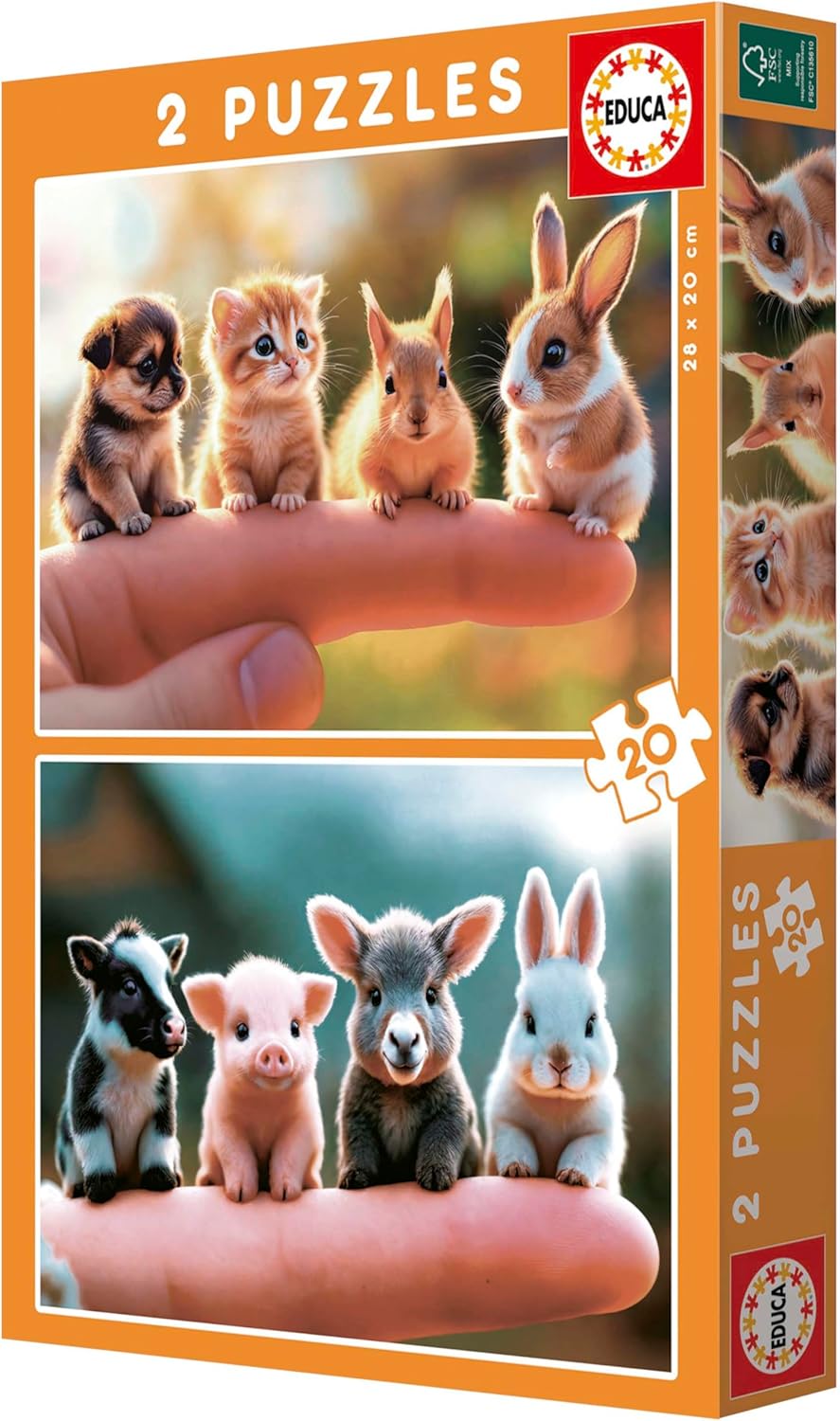 Educa - Set van 2 puzzels voor kinderen met 20 stukjes, baby's, dieren, afmetingen: 28 x 20 cm, aanbevolen vanaf 4 jaar (20221