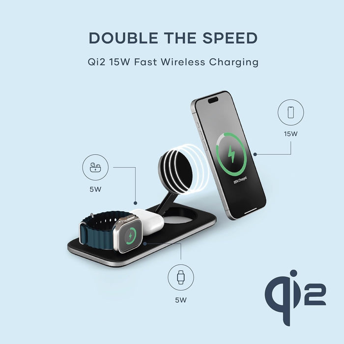 SATECHI Qi2 Trio Wireless Charging Pad, 3 in 1 Wireless Charging Station, Qi2 15W Fast Wireless Charger for iPhone 16/15/14/13/12, AirPods and Apple Watch