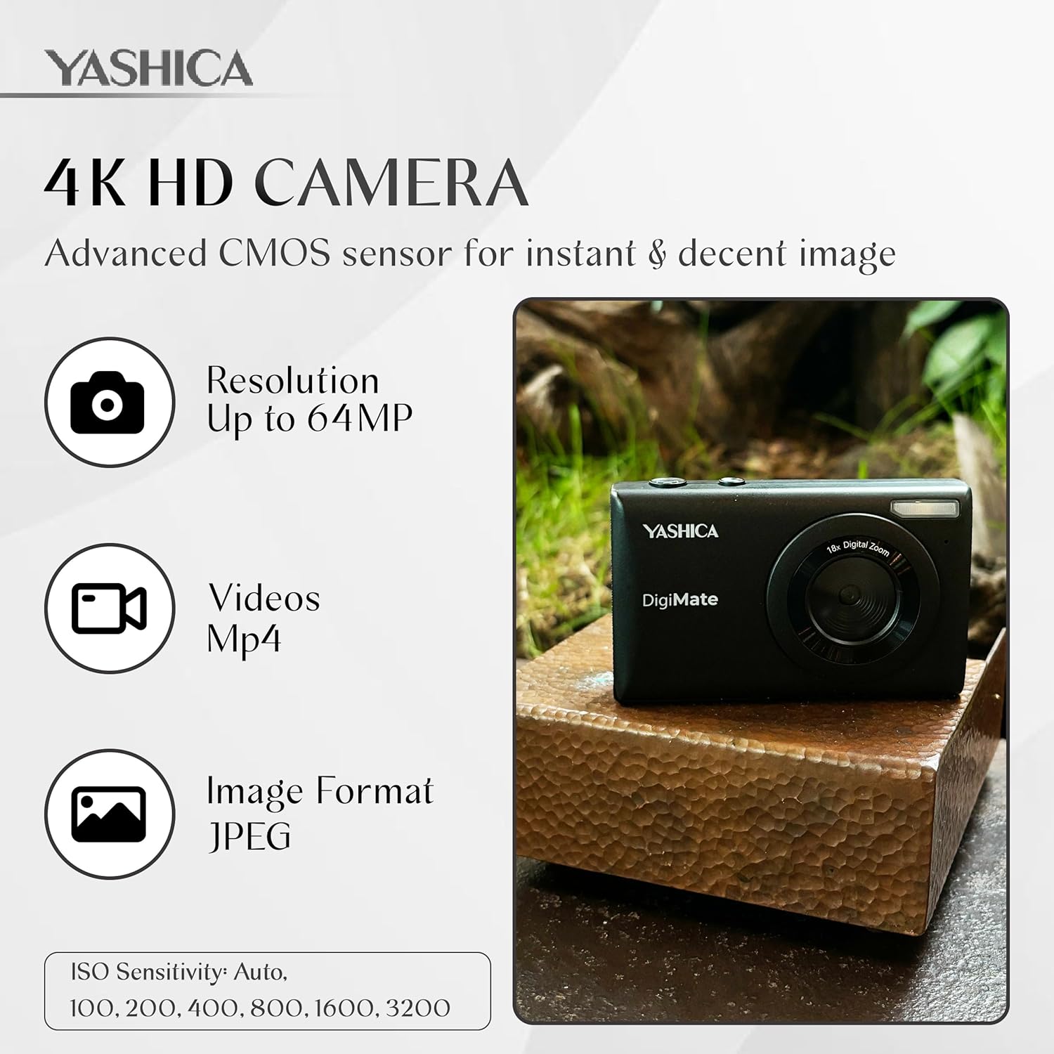 Yashica DigiMate 4K digitale camera, 18x zoom, compact en licht, ondersteunt micro SD-kaarten, ideaal voor reizen, buiten en dagelijks gebruik